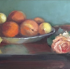 Two Roses & Fruit Platter by Maryellen Vickery